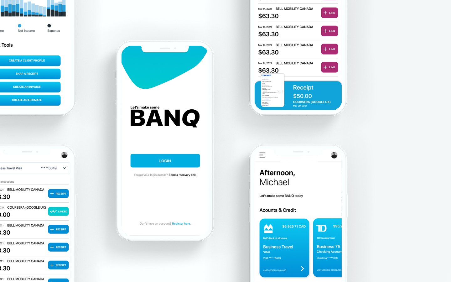 bank: Several mobile phones laid out; highlighting the different pages of the bank app.