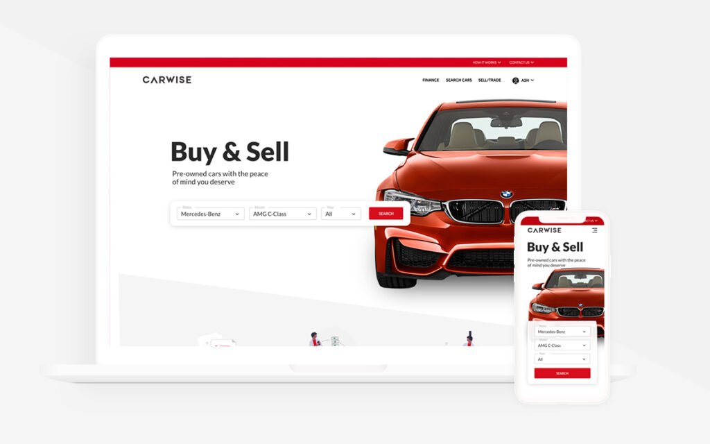 Carwise: A laptop and mobile phone with an image of a car. It shows how the website follows responsive design principles.