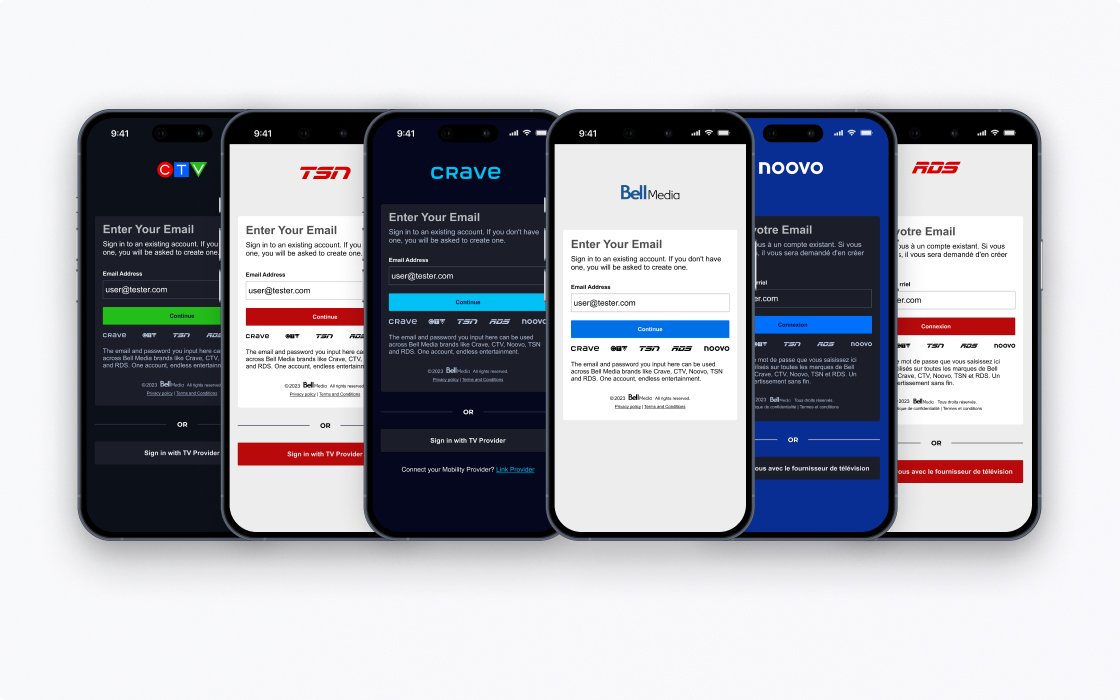 6 phones displaying the new sign-in and account creation widget for CTV, TSN, Crave, Bell Media, Noovo, and RDS. Password Required.