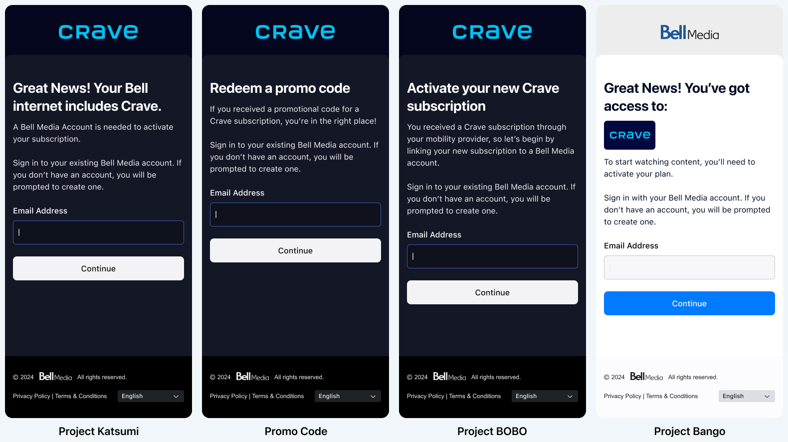 Front page examples for all projects: Kasumi, promo code, BOBO, and Bango