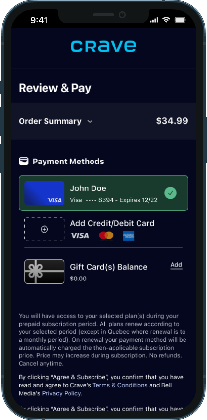 A phone displaying the Crave checkout page.