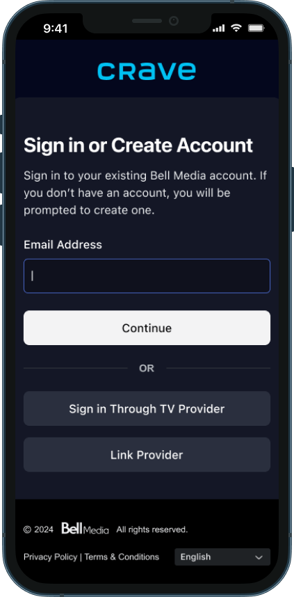 A phone displaying the Crave sign-in/account create page.